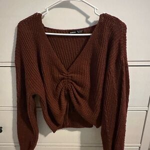 SHEIN Brown V-Neck Cropped Sweater